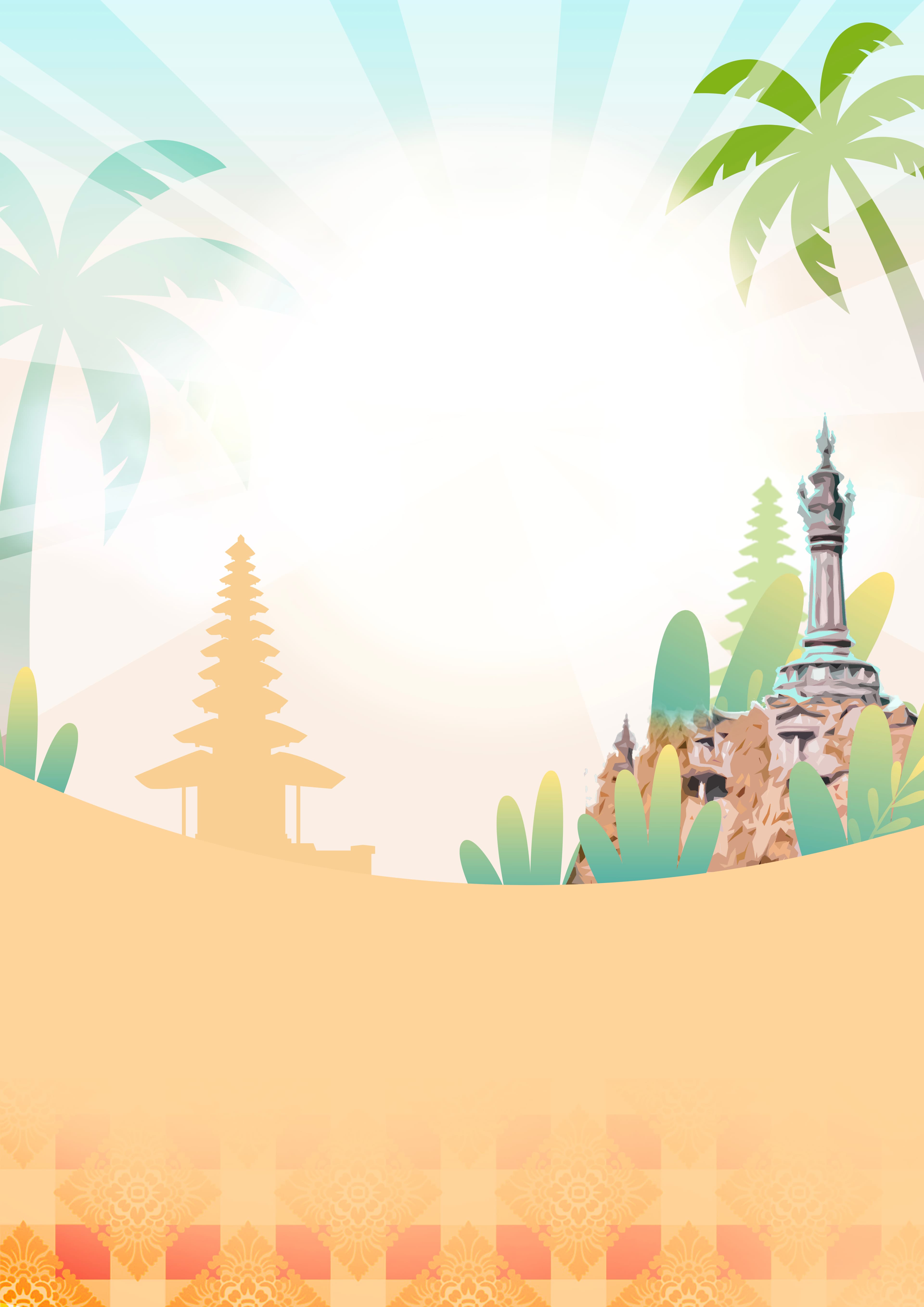 Latar belakang Bali dengan pohon kelapa dan monumen